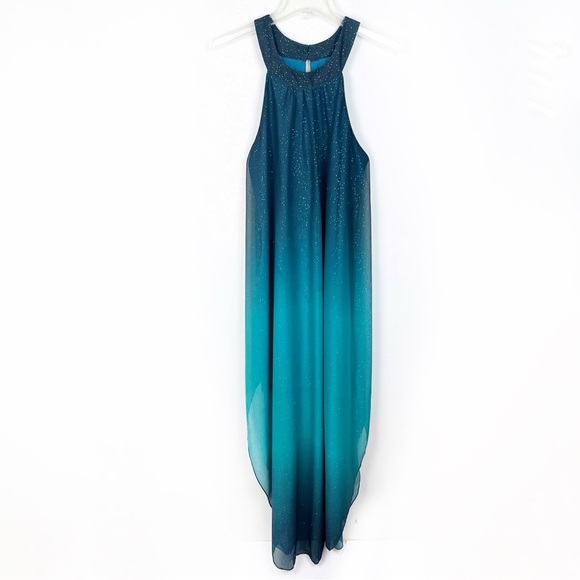Venus Halter Neck Ombré Sheer Maxi Dress Glitter Fairycore Large Green Sparkly L - Picture 16 of 16